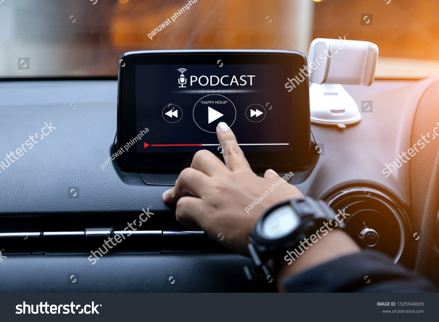 Podcast concept.Hands put at play button on multimedia system in the car   #1505948609