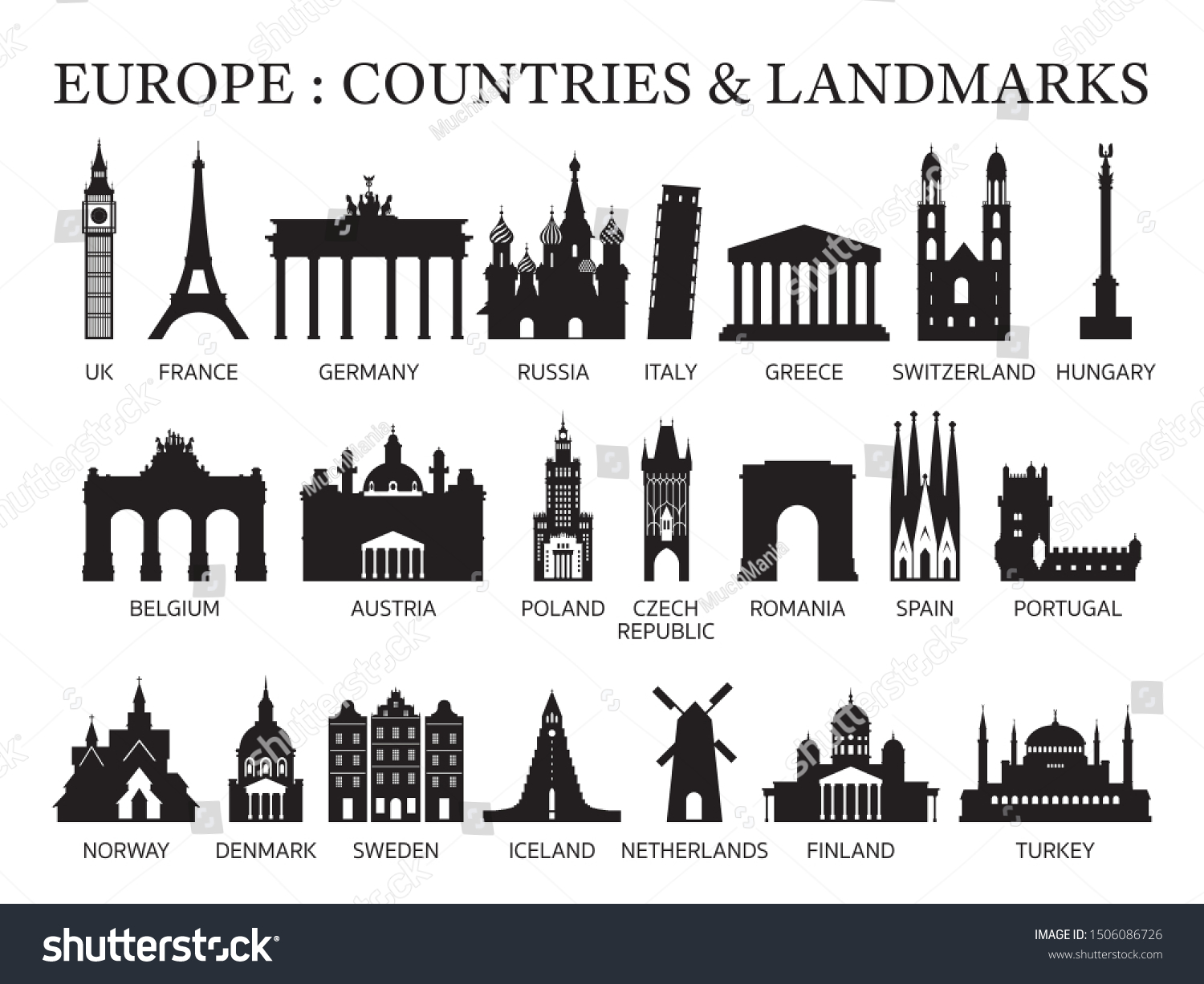 Europe Countries Landmarks Silhouette, Famous Place and Historical Buildings, Travel and Tourist Attraction #1506086726