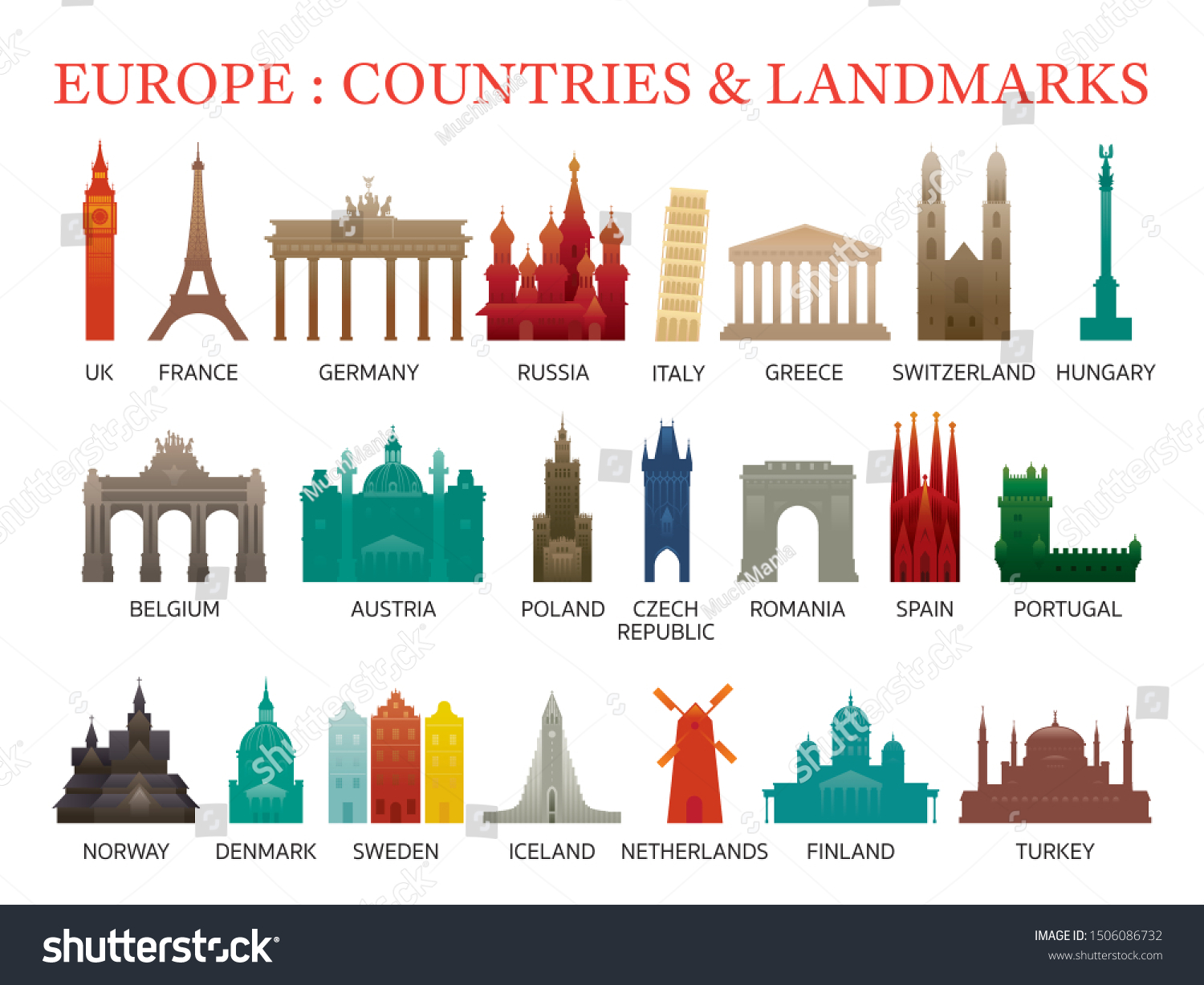 Europe Countries Landmarks Colorful Silhouette, Famous Place and Historical Buildings, Travel and Tourist Attraction #1506086732