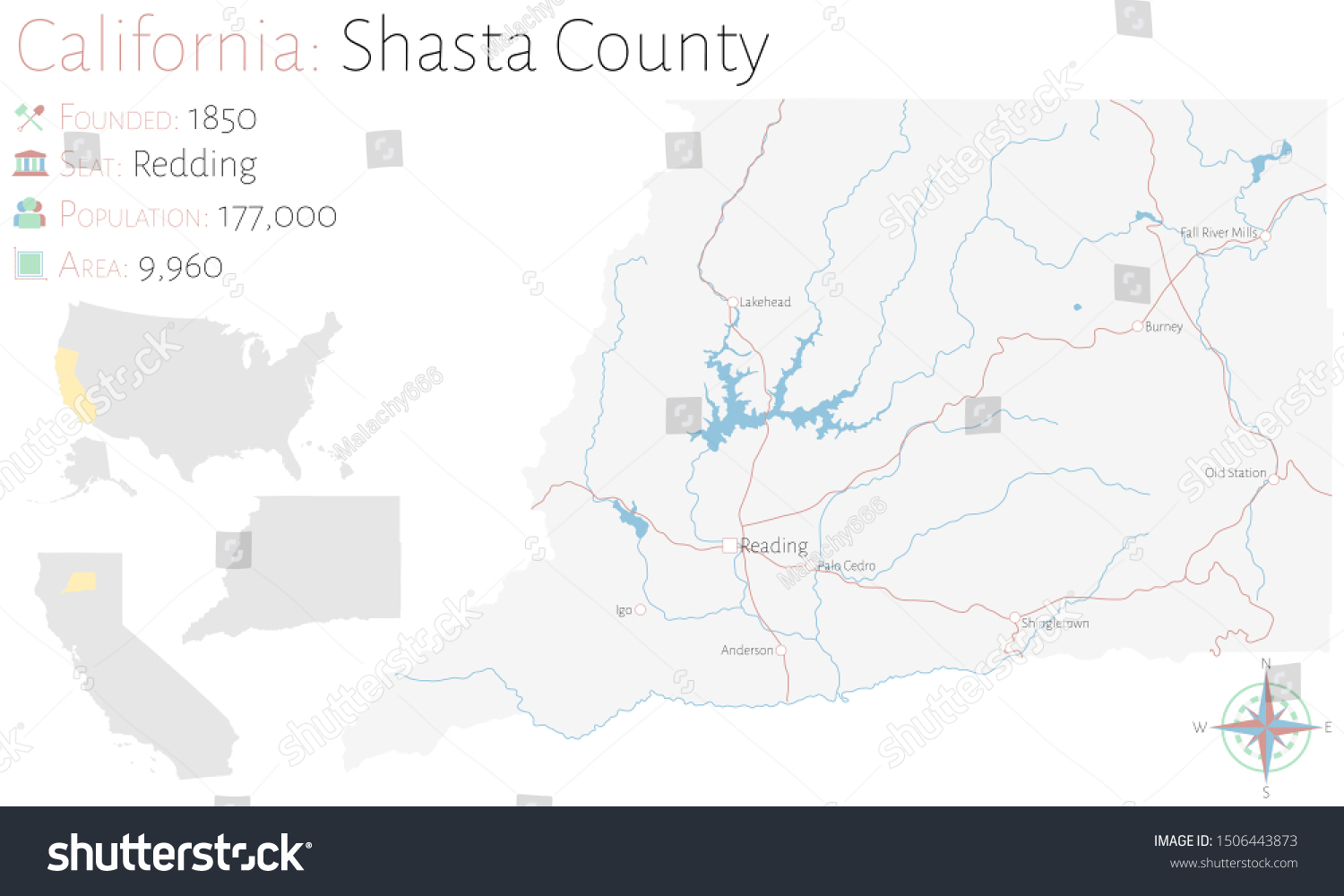 Large and detailed map of Shasta county in - Royalty Free Stock Vector ...