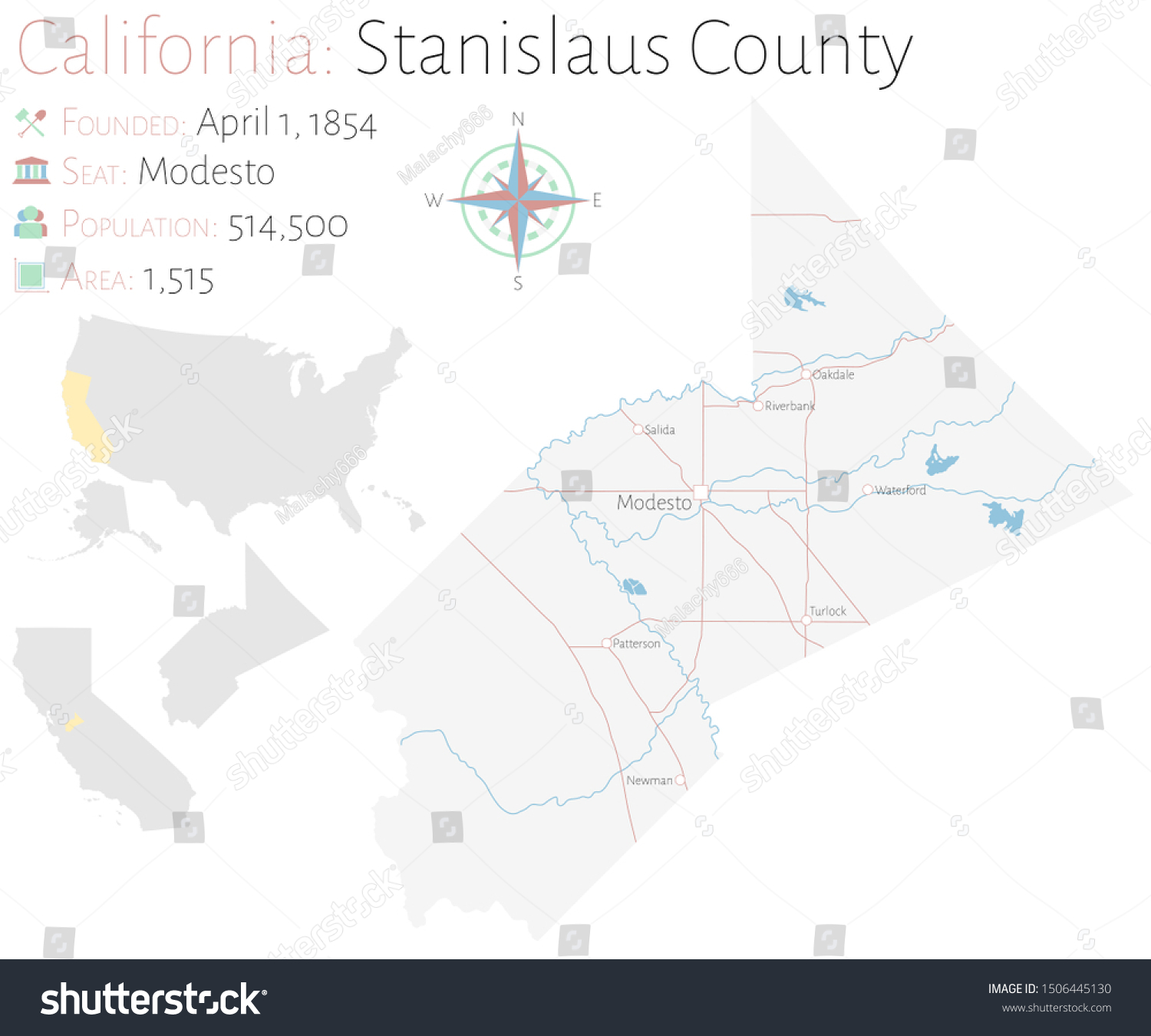 Large and detailed map of Stanislaus county in - Royalty Free Stock ...