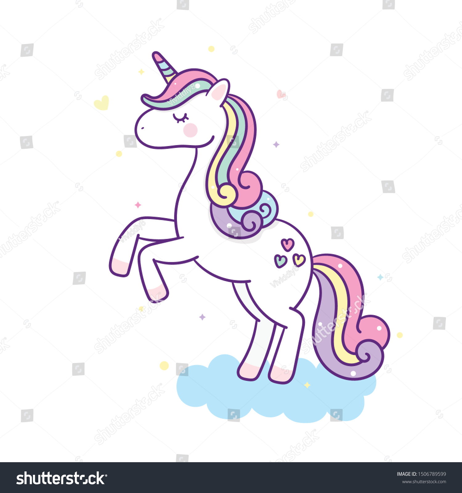 Cute Unicorn vector pony child cartoon on cloud - Royalty Free Stock ...