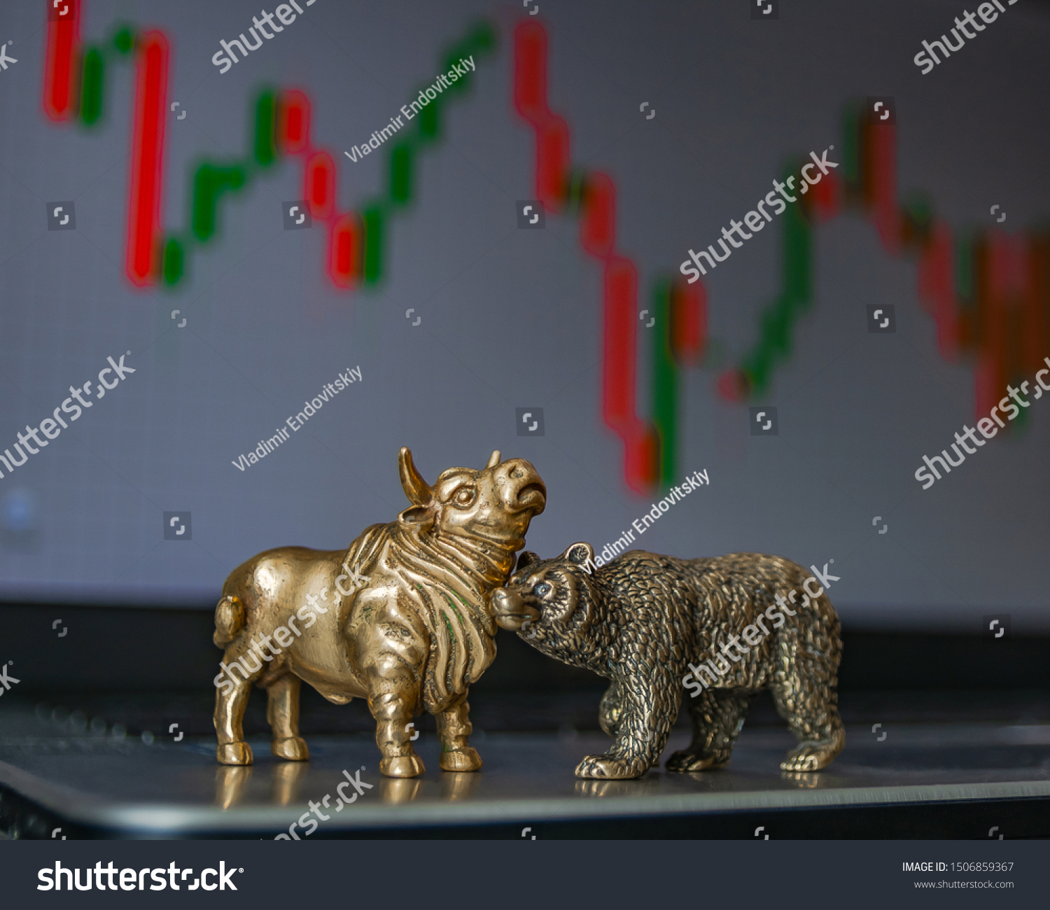 Bull and bear as symbols of stock trading on a blurred background of price graphics. The concept of symbolism of commodity and financial world markets. #1506859367