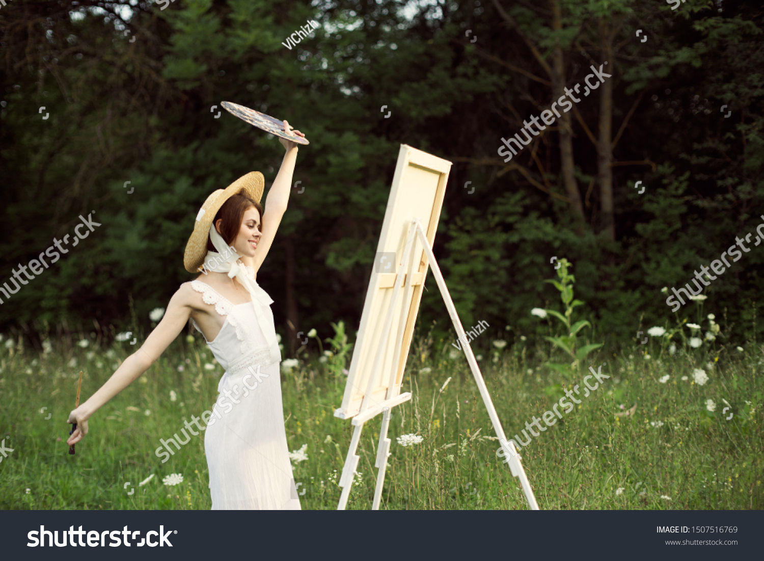 woman idea easel paint brush creativity model model #1507516769