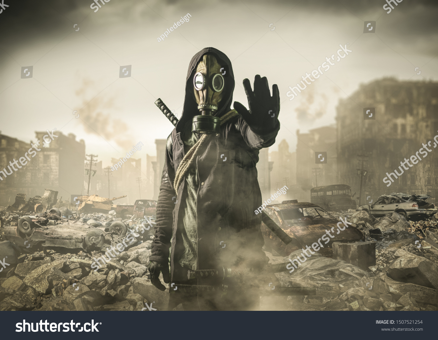 man in gas mask says stop the destruction in the world. , post Apocalypse #1507521254