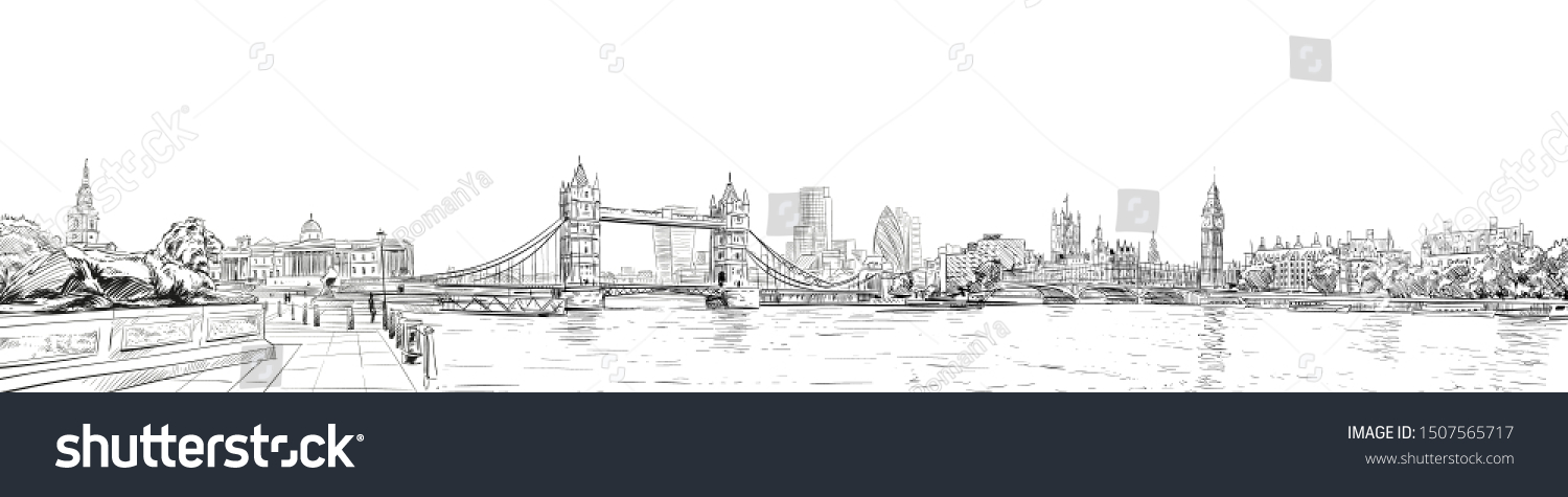 Tower Bridge. Trafalgar Square.  Big Ben. London. England. City panorama. Collage of landmarks. Vector illustration. Urban sketch.  #1507565717