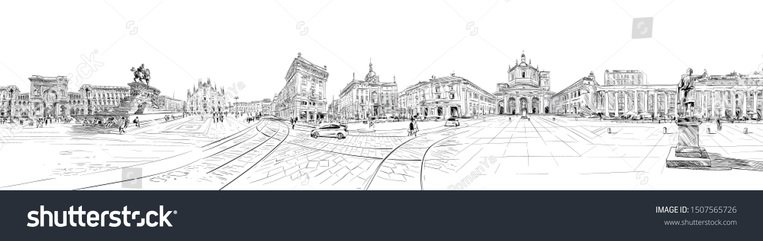 Milan. Italy. Piazza del Duomo. Victor Emanuel II Gallery. Milan Cathedral. City panorama. Collage of landmarks. Hand drawn sketch. Vector illustration. #1507565726