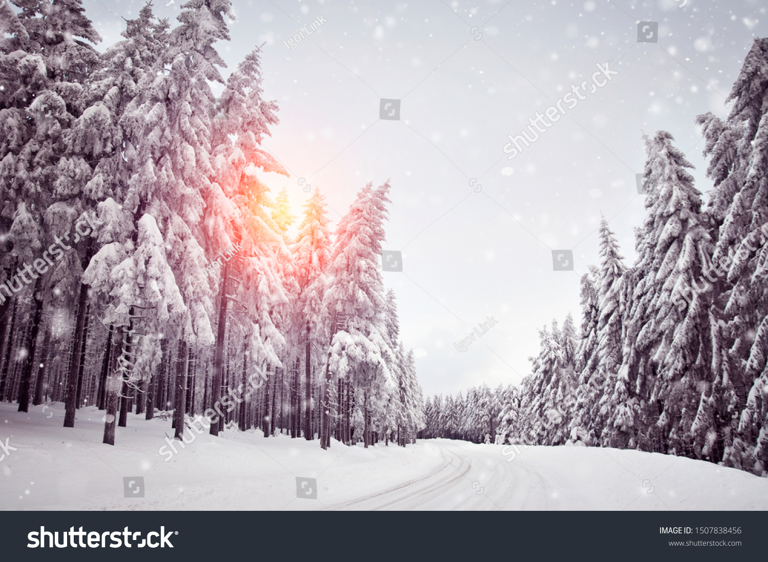 winter snowfall and icy road #1507838456