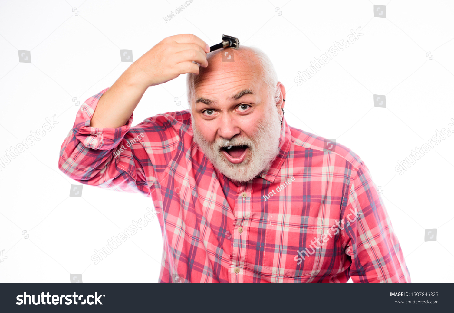 Mr. Expertise. unshaven old man has moustache and beard. cut and brush hair. mature bearded man isolated on white. barbershop concept. shaving accessories. shaving razor blade tool kit. #1507846325