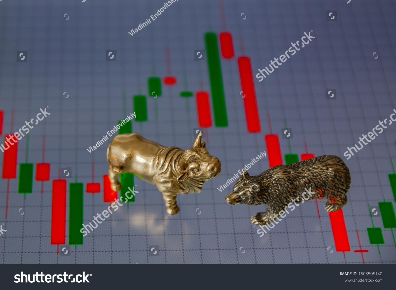 Bull and bear as symbols of stock trading on a blurred background of price graphics. The concept of symbolism of commodity and financial world markets. #1508505140