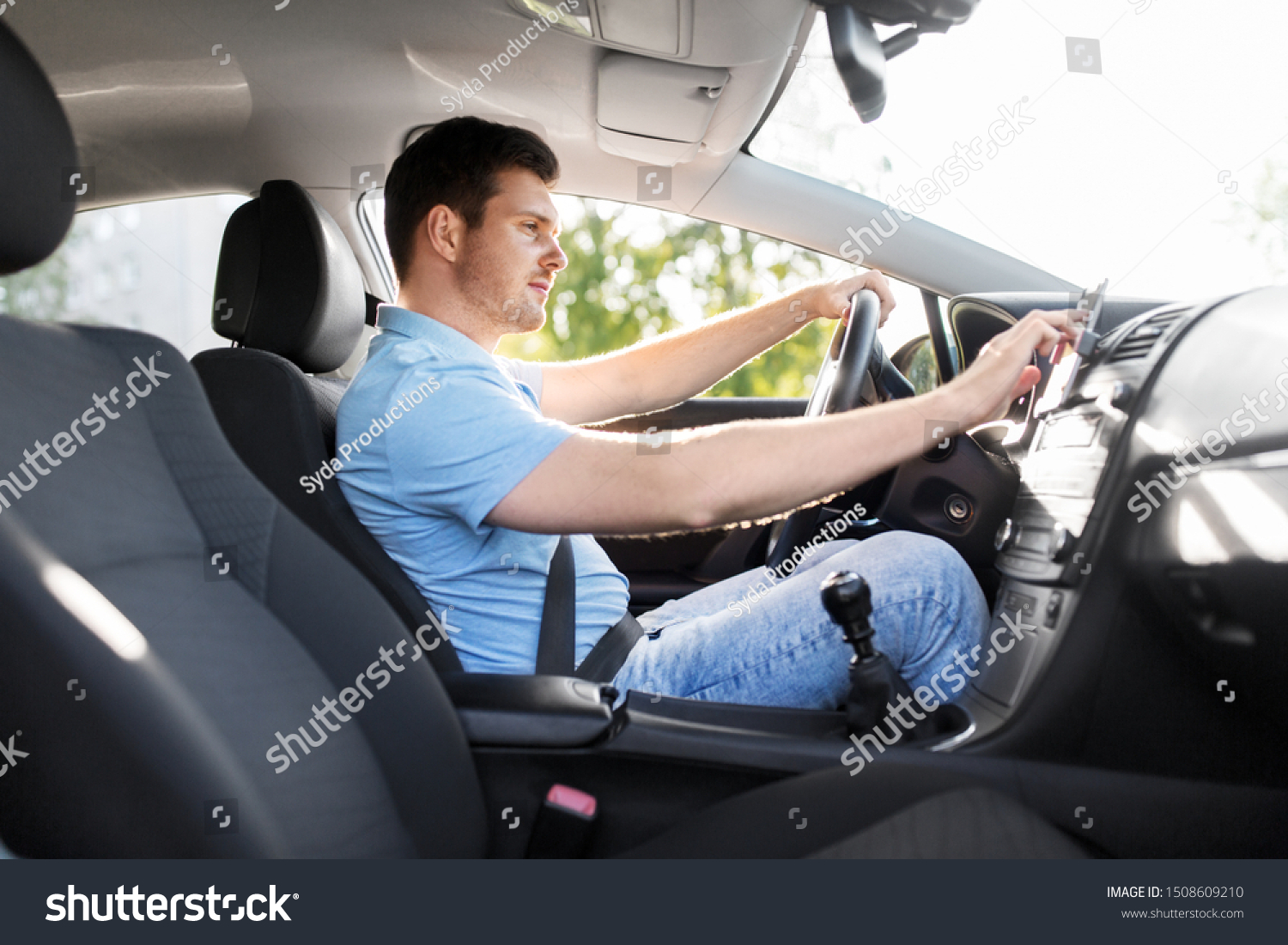 transport, vehicle and people concept - man or driver driving car and using gps navigator #1508609210
