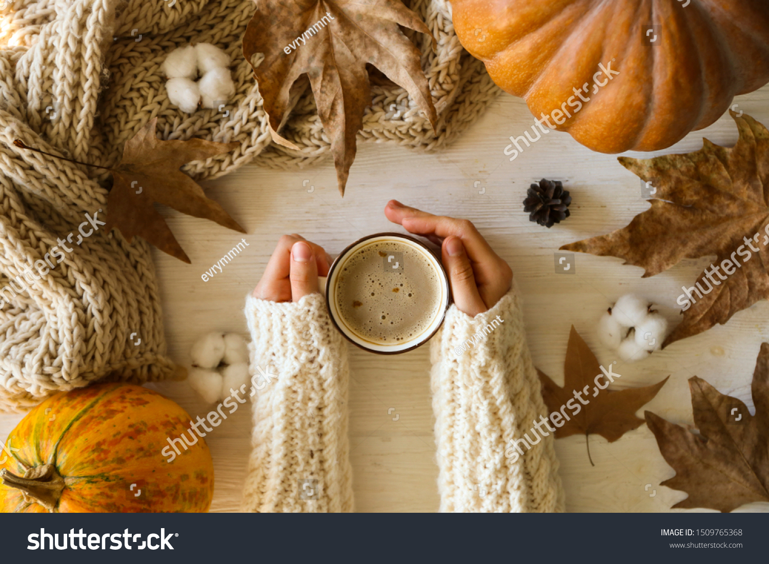 Top view composition with young woman's hands in white sweater, vintage styled cup of coffee and autumn themed decoration, fallen leaves on textured background. Flat lay, copy space. #1509765368