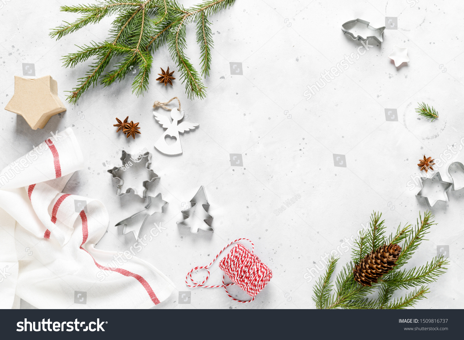 Christmas, Noel or New Year food flat lay background with xmas decorations and fir tree #1509816737