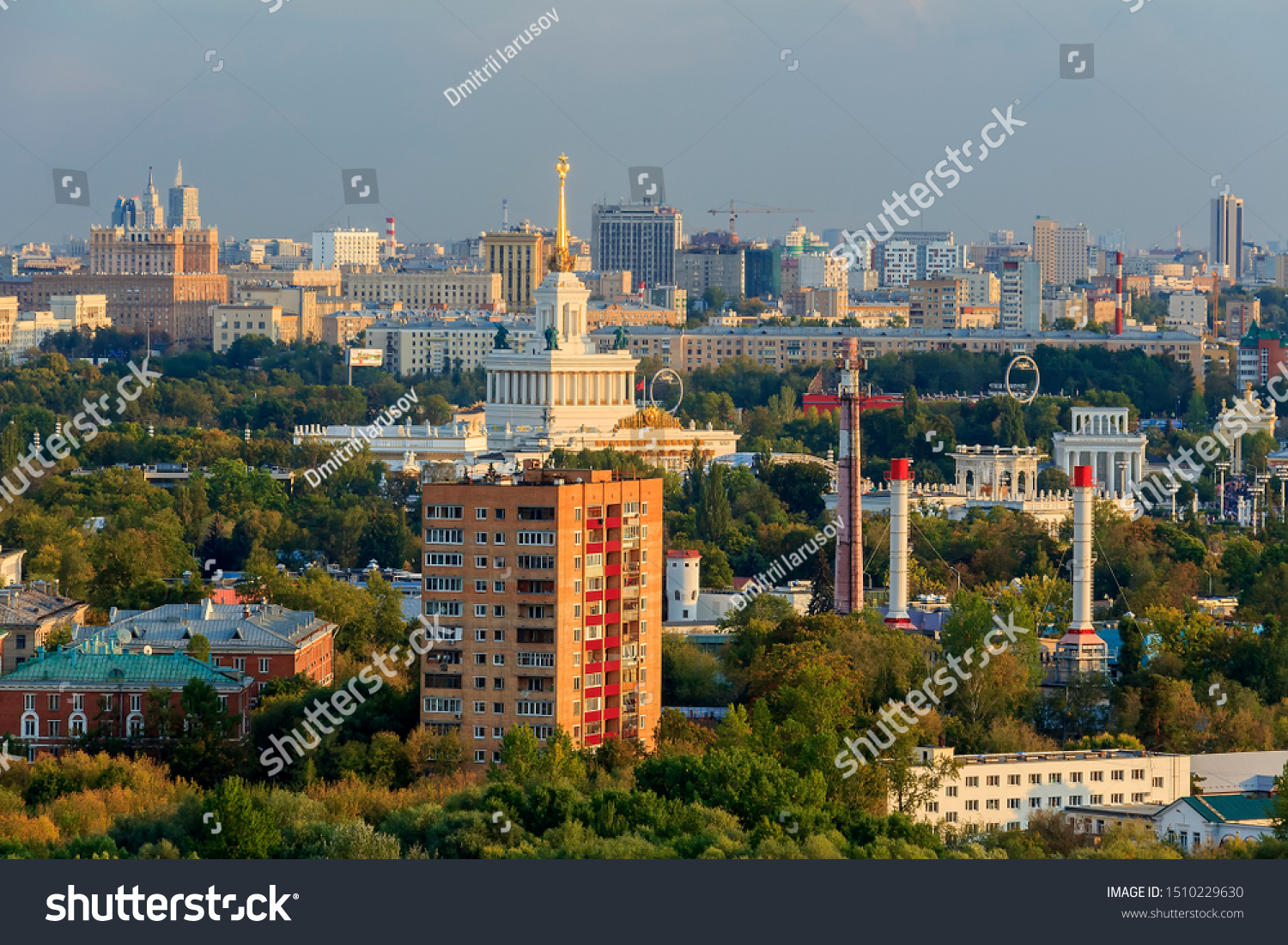 City landscape from above. Typical Moscow architect top view. Rostokino District is located on banks of Yauza River and borders with Yaroslavsky District, Sviblovo District and Ostankinsky District #1510229630