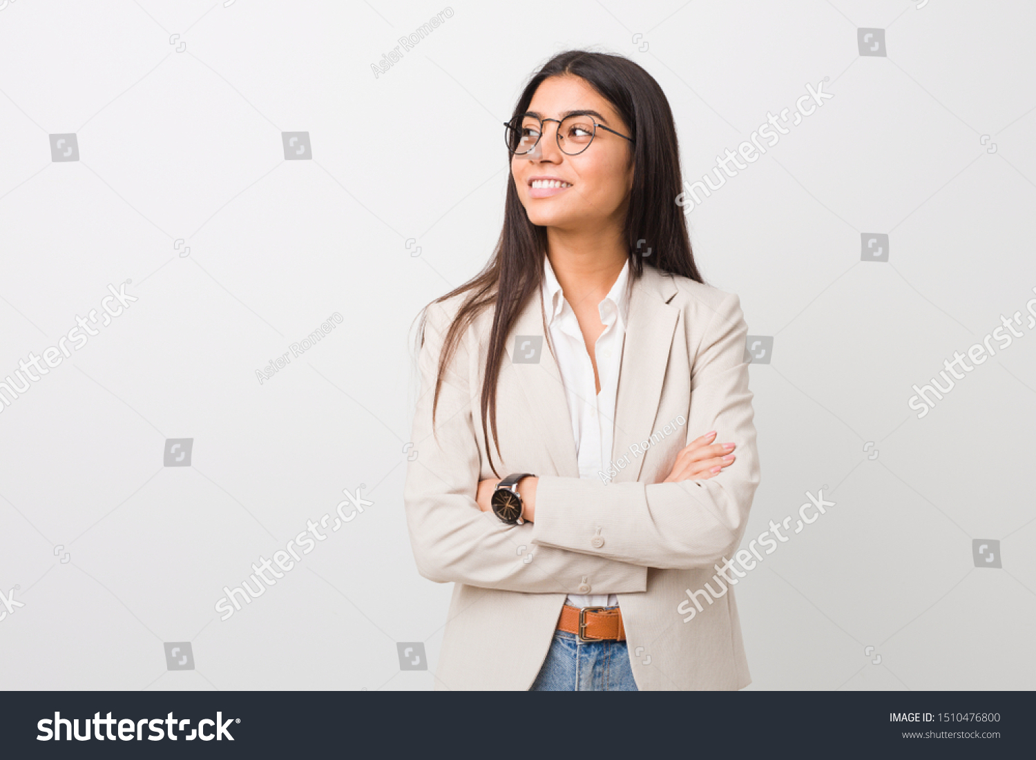 Young business arab woman isolated against a white background smiling confident with crossed arms. #1510476800