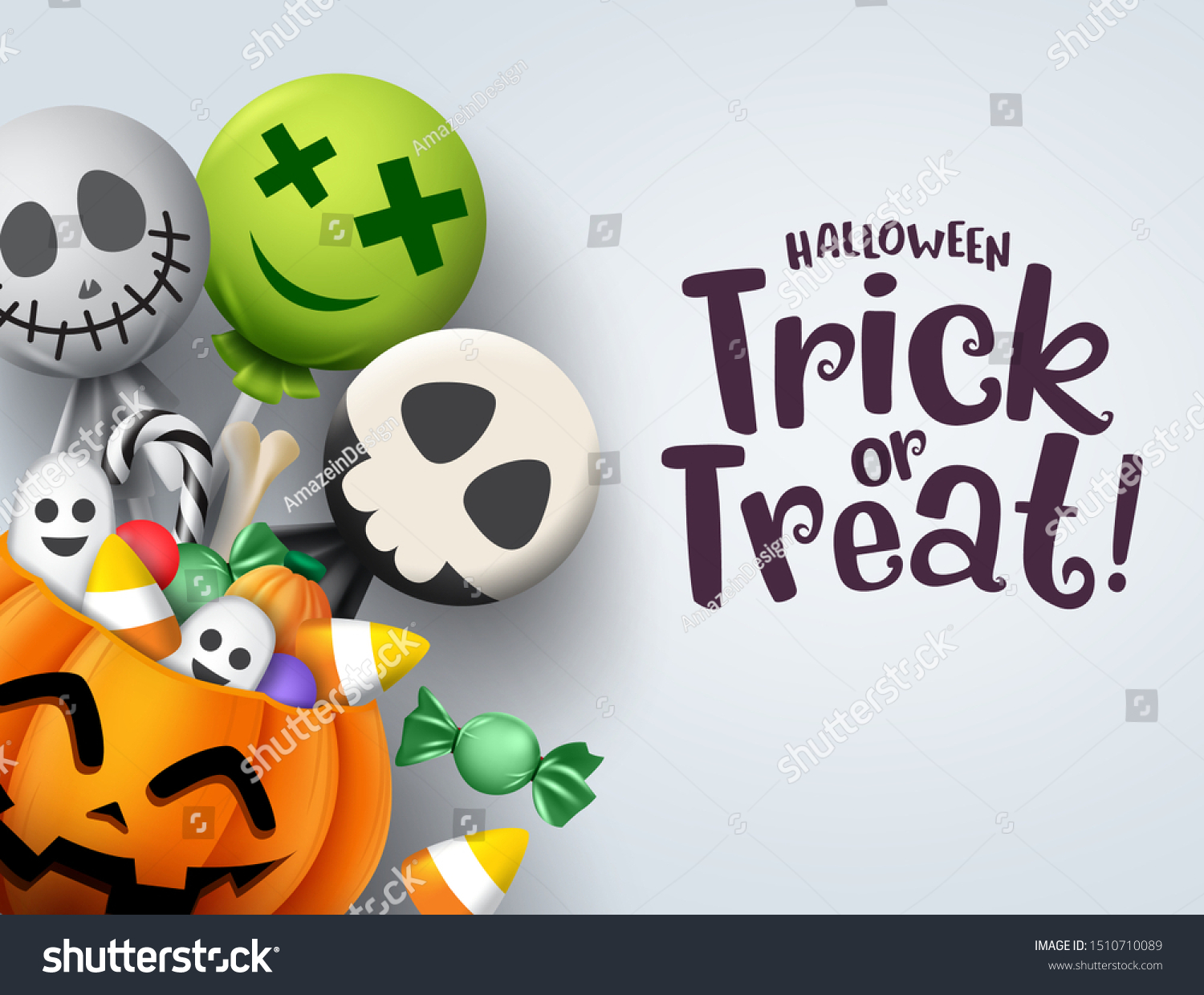 Trick or treat hallowenn greeting card vector background. Halloween trick or treat with pumpkin and scary sweets elements of candies like candy cane and lollipop for party invitation in gray. #1510710089