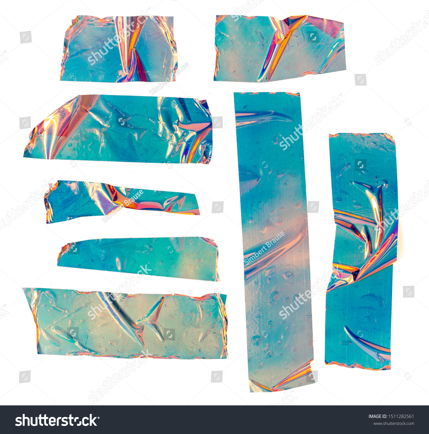 Shiny crumpled stickers. Cool set of metallic holographic sticky tape shapes cuts isolated on white background. Holo glitter stripes or snips. #1511282561