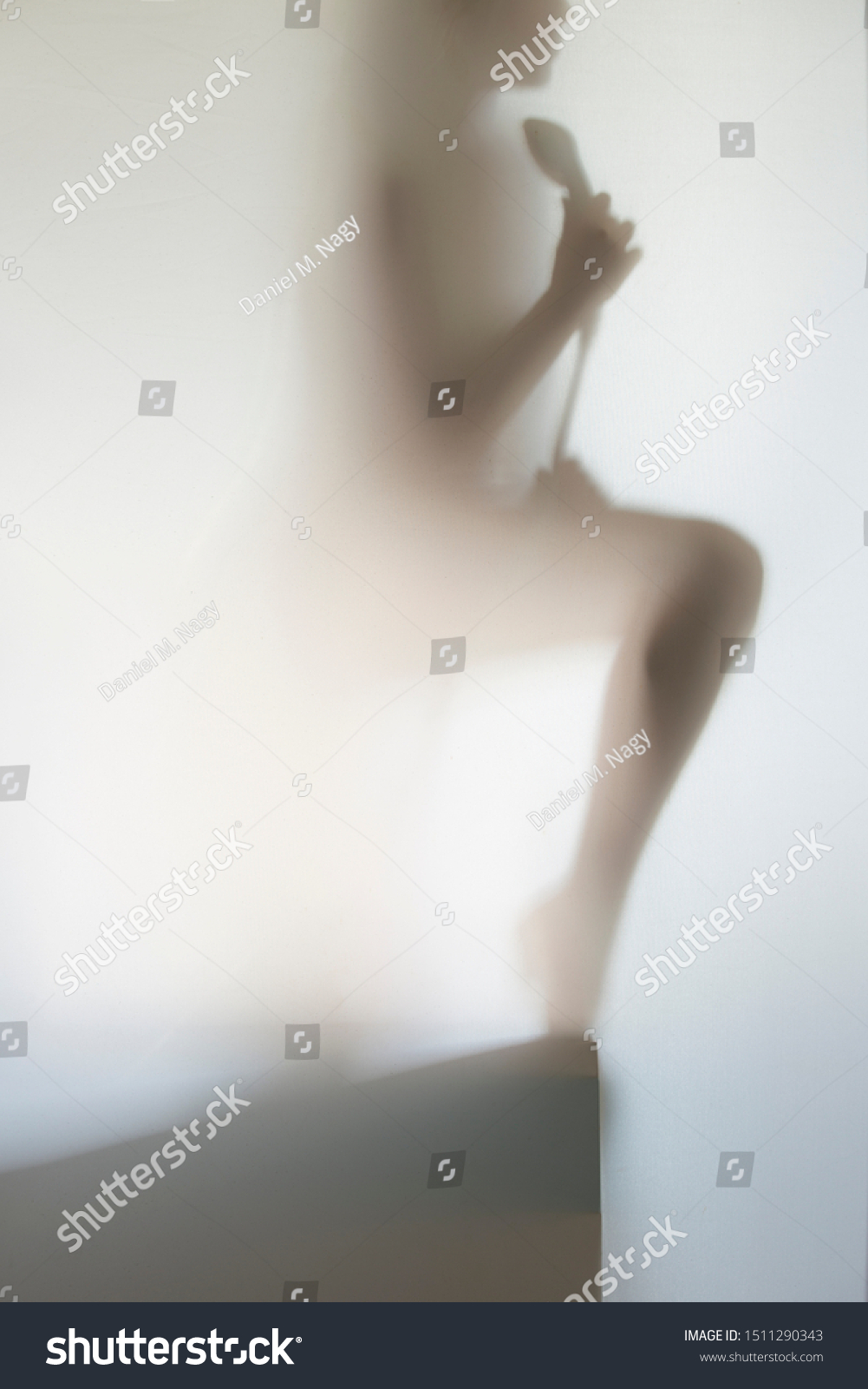 Beautiful female body shape silhouetter with shower head, leg on bathtub #1511290343