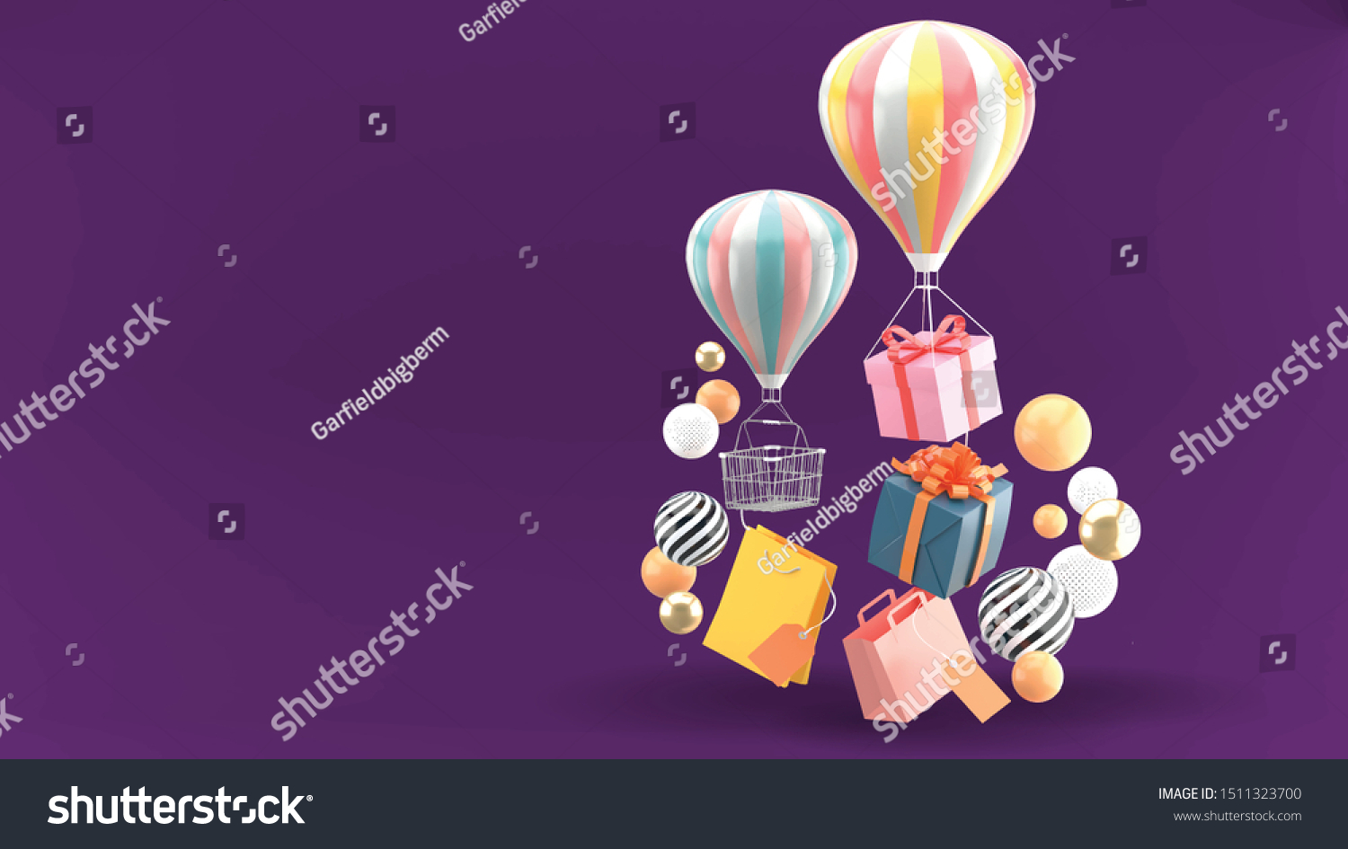 Balloon, gift box and shopping bag surrounded by colorful balls on a purple background.
 #1511323700