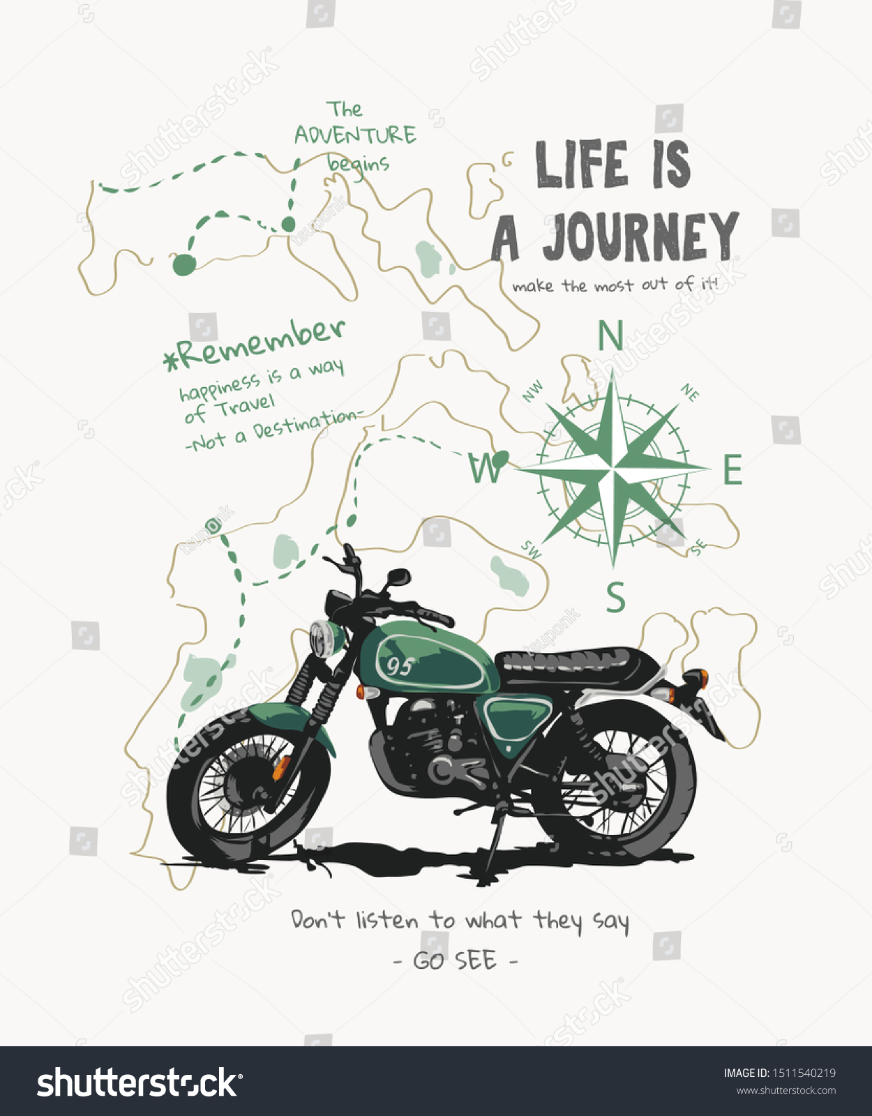 journey slogan with motorcycle and travel map illustration #1511540219