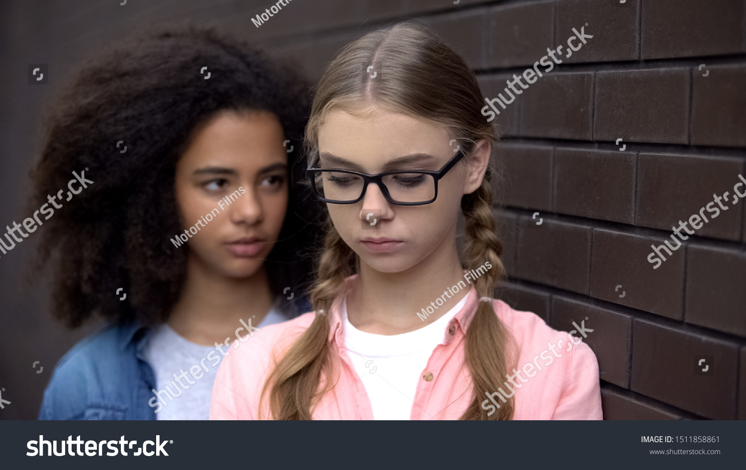 Cruel black student bullying caucasian schoolgirl eyeglasses, emotional pressure #1511858861