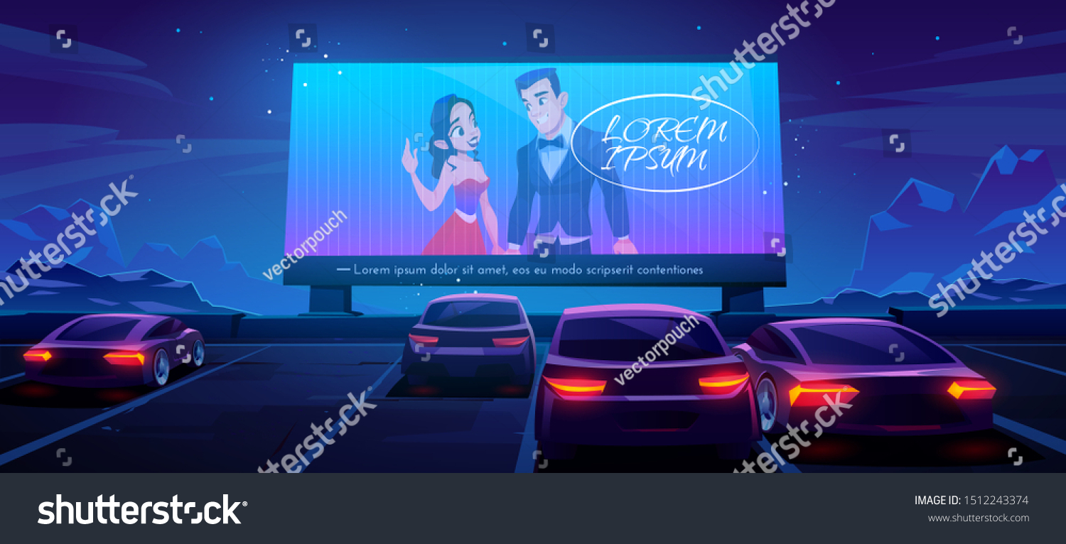 Car cinema. Drive-in theater with automobiles stand in open air parking at night. Large outdoor screen with love movie scene glowing in darkness on starry sky background. Cartoon vector illustration