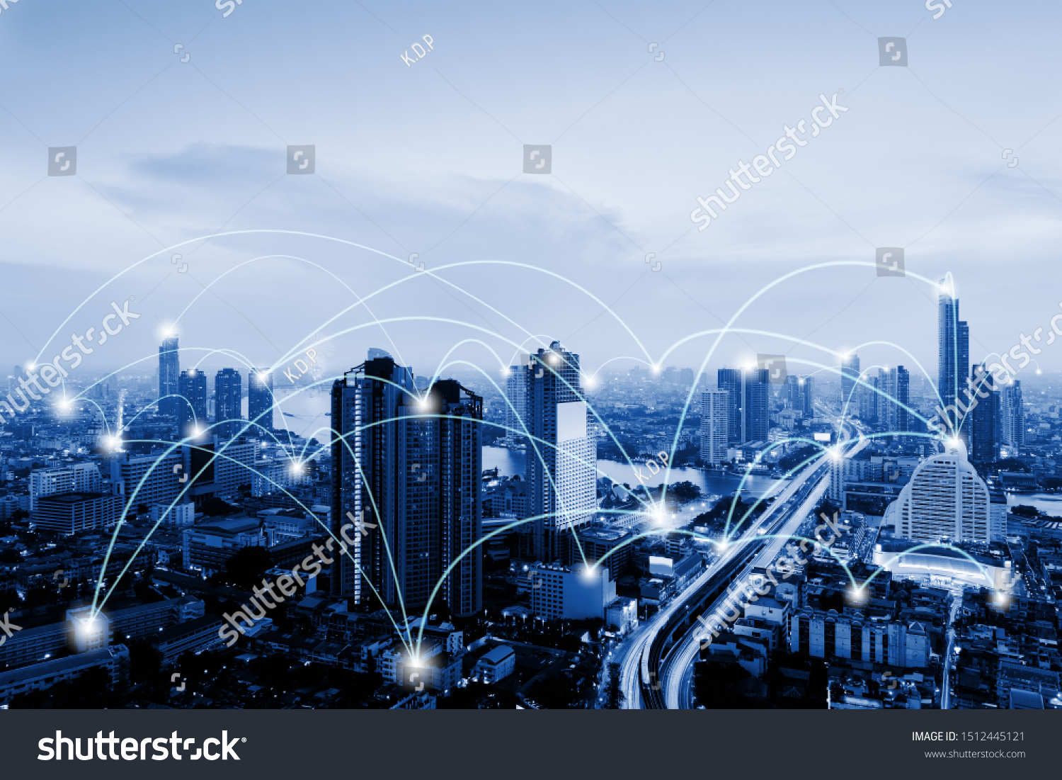 Network Telecommunication and Communication Connect Concept, Connection 5G Networking System of Infrastructure and Cityscape at Night Scenery. Technology Digital Connectivity and Information Transfer #1512445121