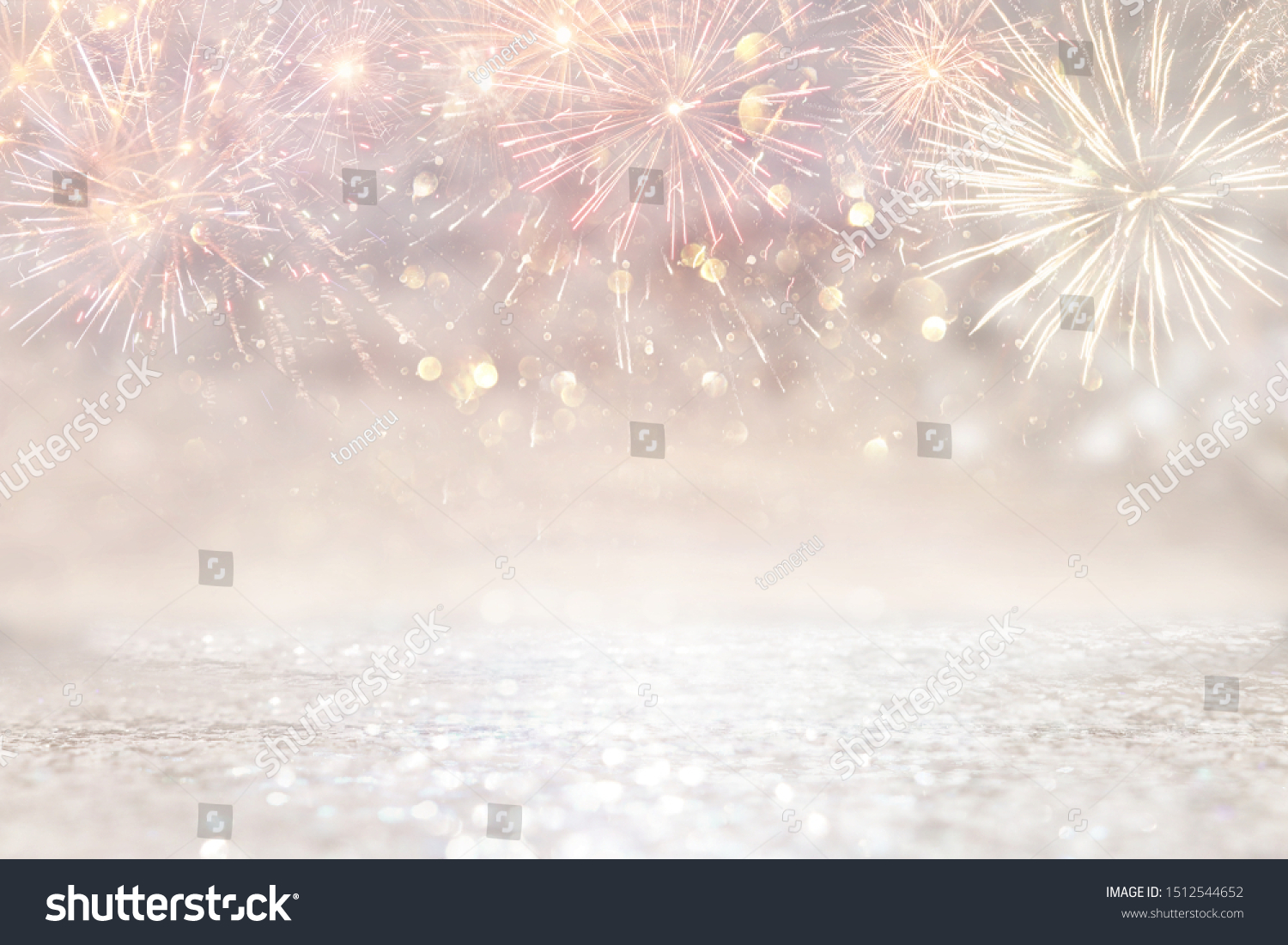 abstract gold and silver glitter background with fireworks. christmas eve, 4th of july holiday concept #1512544652