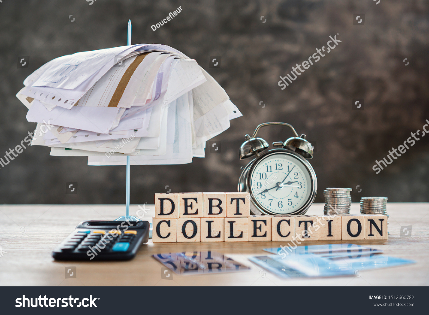 debt collection concept with unpaid bills,calculator,coin on desk  #1512660782