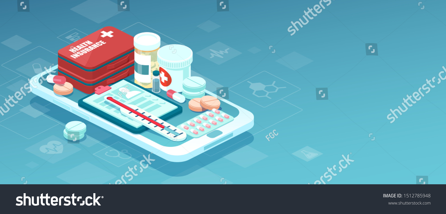 Healthcare online pharmacy app concept. Vector of prescription drugs, first aid kit and medical supplies being sold online via smartphone application technology  #1512785948