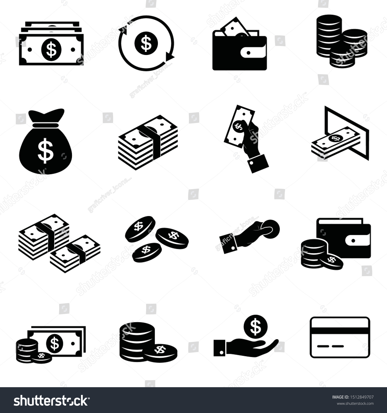 Set of Money Related Vector Icons. Contains such Icons as Wallet, ATM, Bundle of Money, Hand with a Coin and more. Editable Stroke.  #1512849707