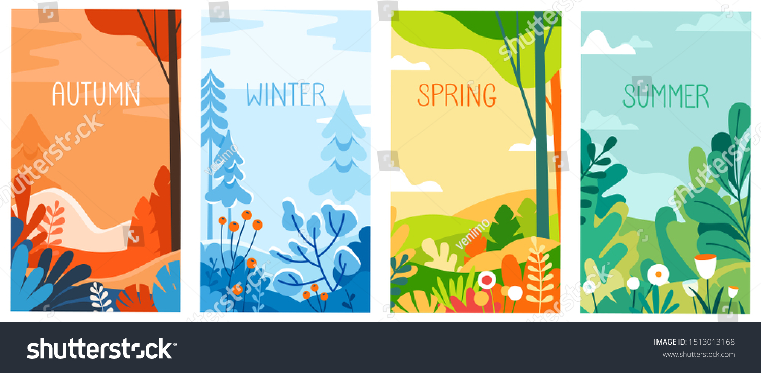 Vector illustration in flat simple style - seasonal vertical banners for social media stories wallpaper - autumn, winter, spring and summer landscapes with copy space for text #1513013168