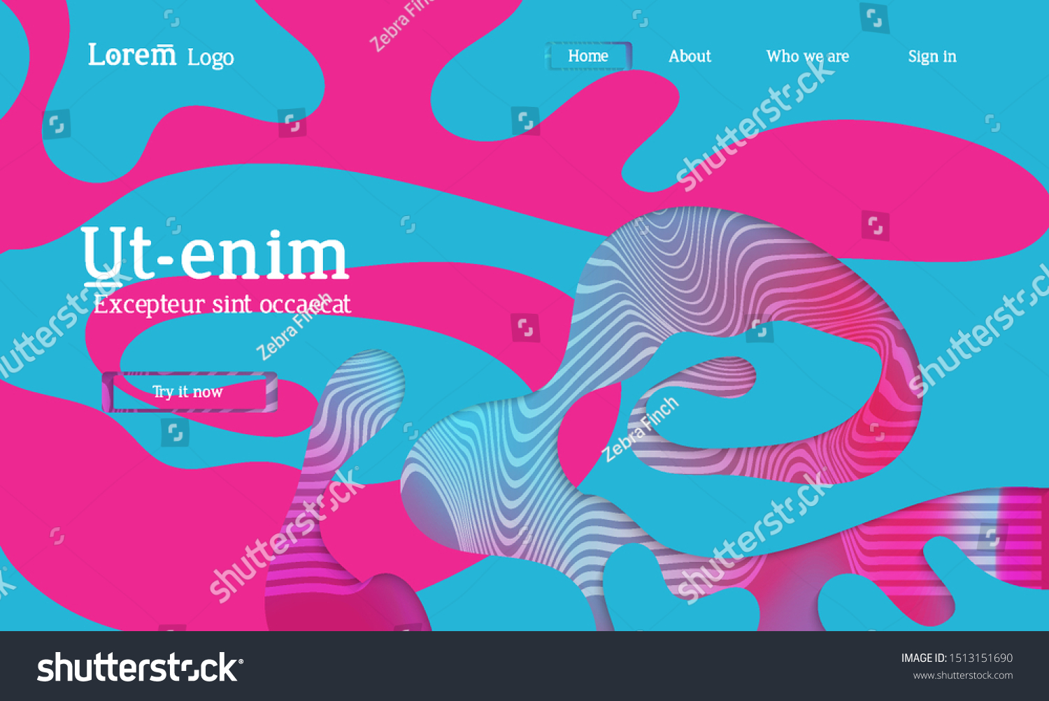 Abstract universal web template with simple wavy shapes and cut out paper with shadow over striped background. Social media web banner. Bright colored isolated. #1513151690