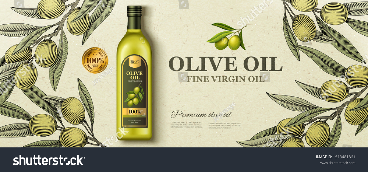 Flat lay olive oil ads with woodcut style olive branch in 3d illustration #1513481861