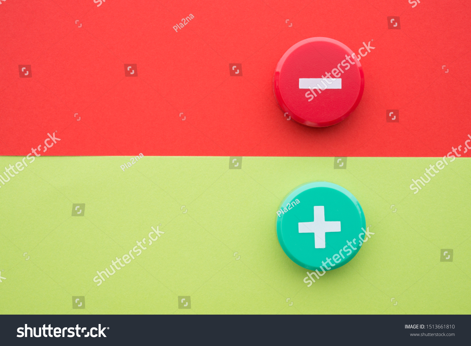 Flat lay of green plus and red minus symbol plastic botton on green and red background with copy space. Concept of difference, opposites plus vs minus or pros vs cons. #1513661810