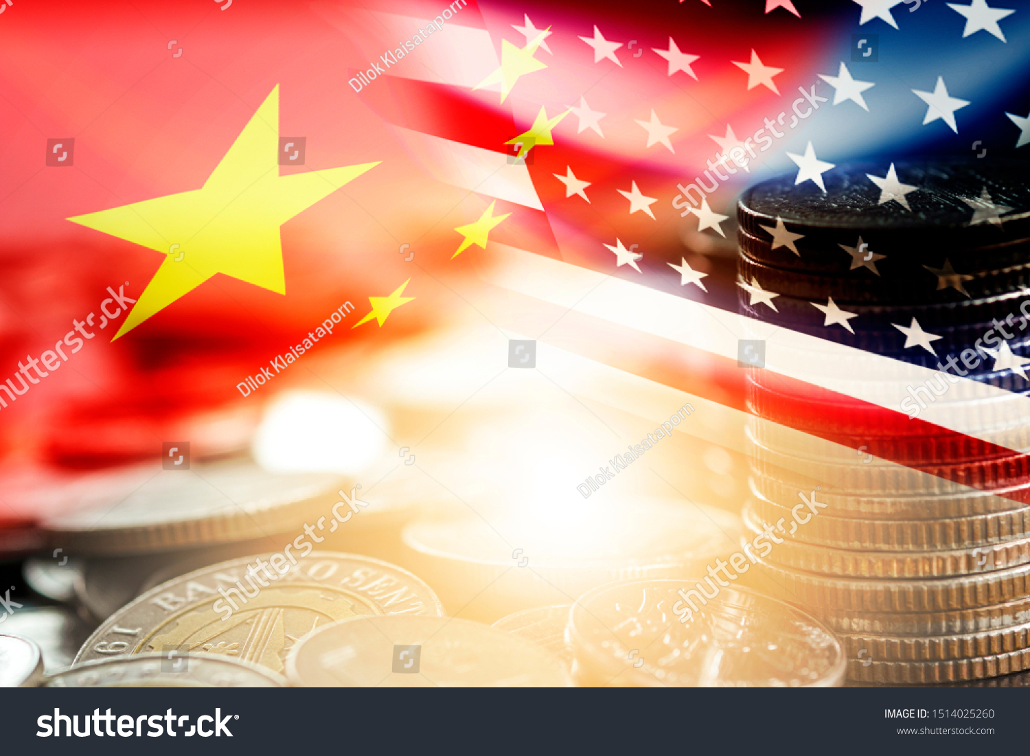 USA and China flag on coins stacking .It is symbol of economic tariffs trade war and tax barrier between United States of America and China. #1514025260