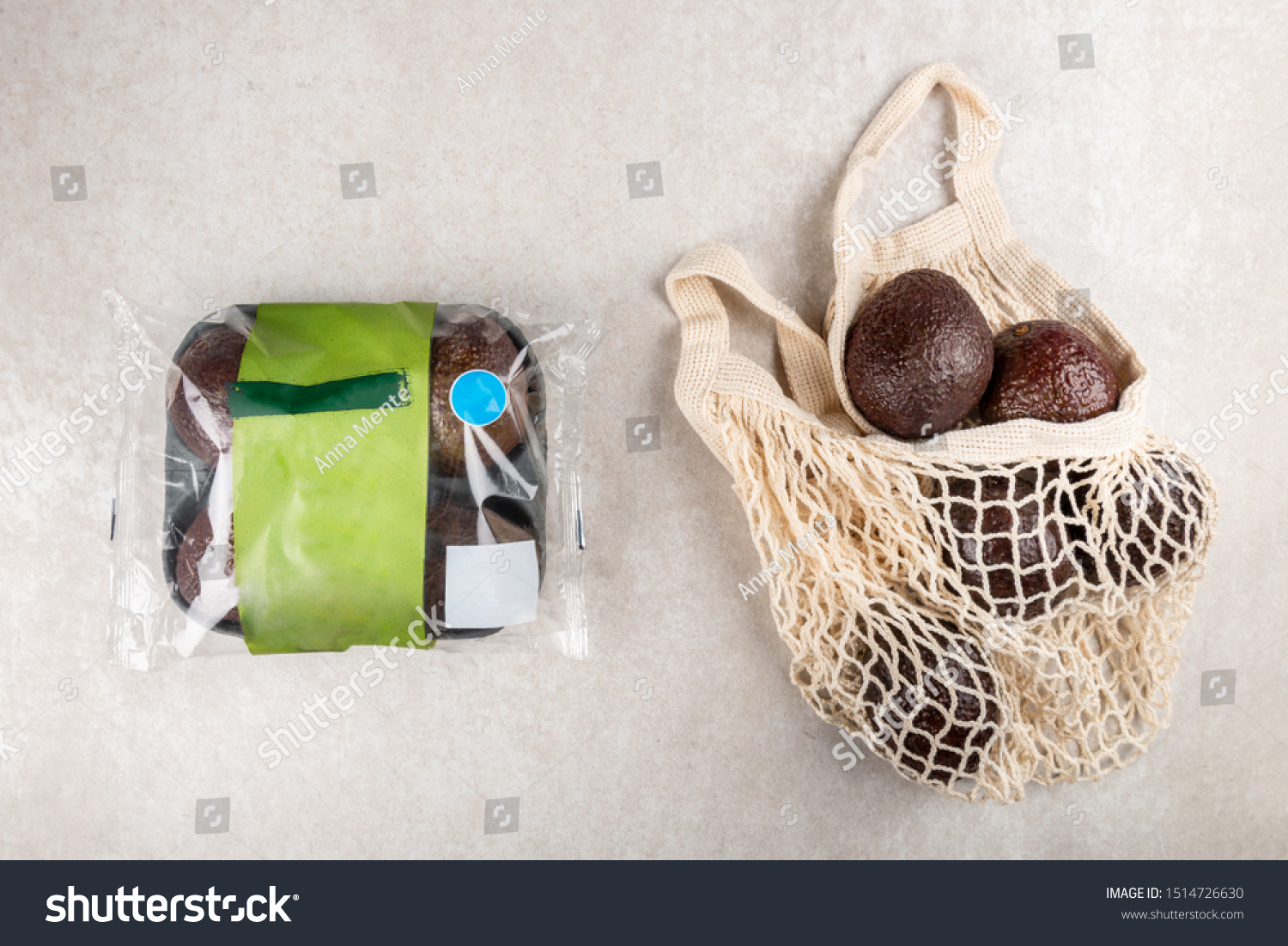 Cotton String Mesh Bag with Avocado VS prepacked avocado, Ecological zero waste and say no to plastic concepts #1514726630