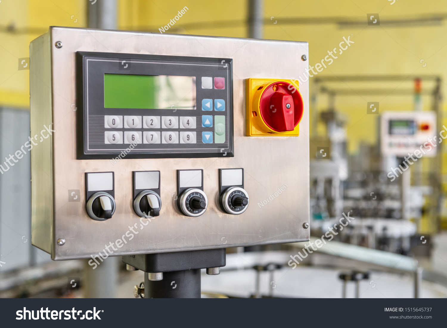 Conveyor control panel. The system of control and management of various equipment. The panel contains buttons, switches and LCD display. #1515645737