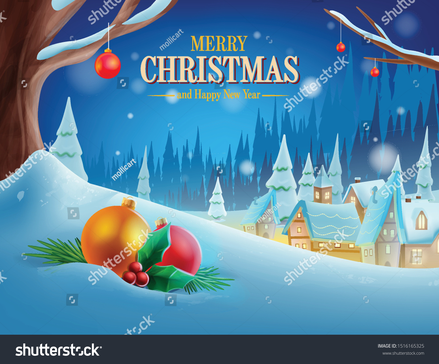 christmas village illustration banner vector - Royalty Free Stock ...