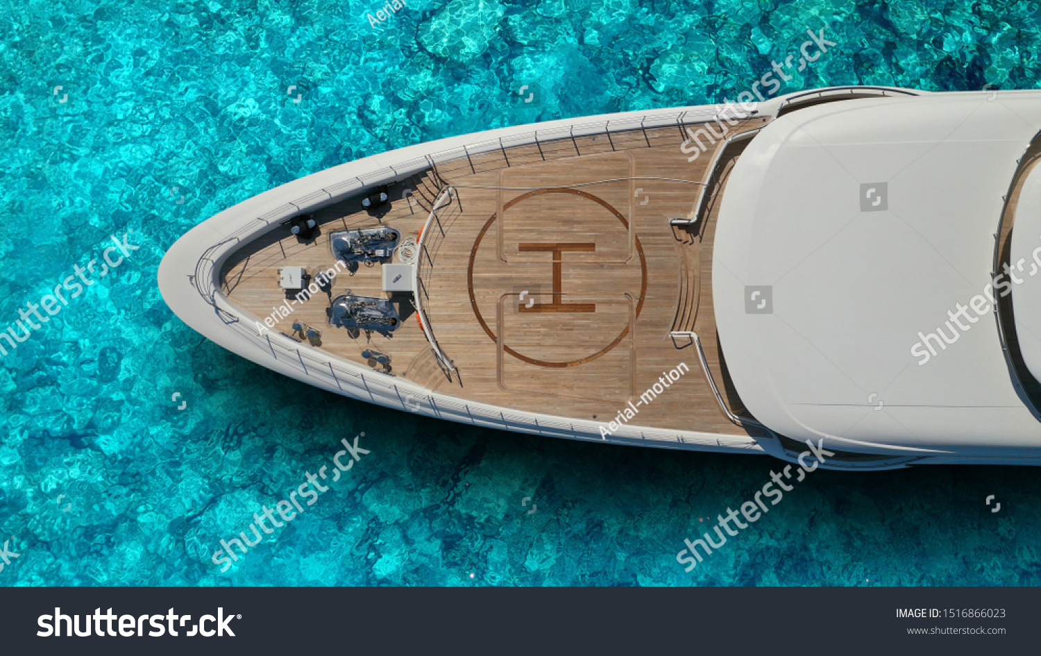 Aerial drone top view photo of large yacht - boat with helicopter landing area anchored in tropical exotic paradise bay with turquoise open sea #1516866023