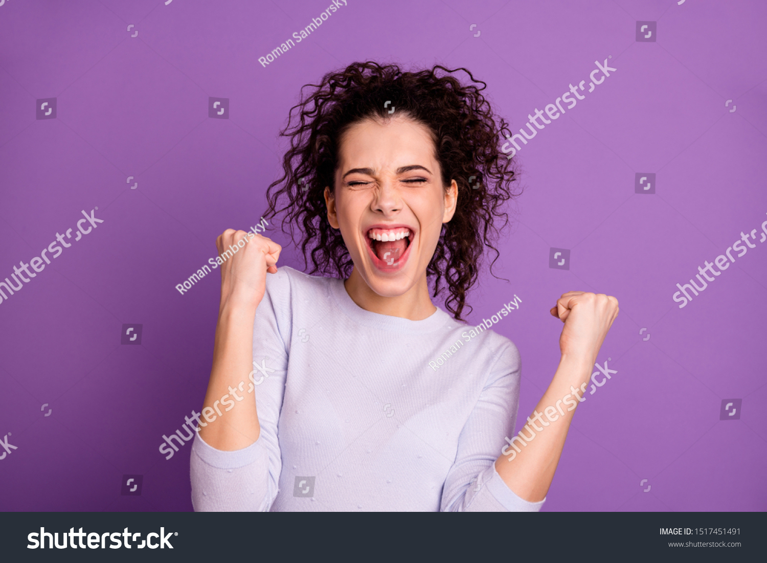 Close up photo of amazing wavy lady win competition yelling raising fists celebrating wear casual pullover isolated purple color background #1517451491