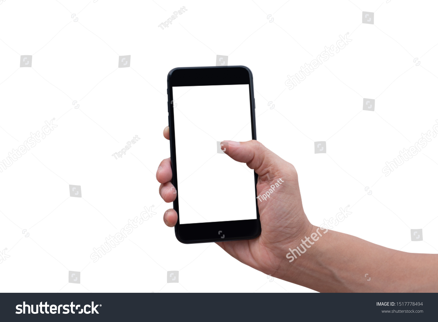 Mockup of person showing blank screen smartphone. Man hand using mobile phone isolated on white background. #1517778494