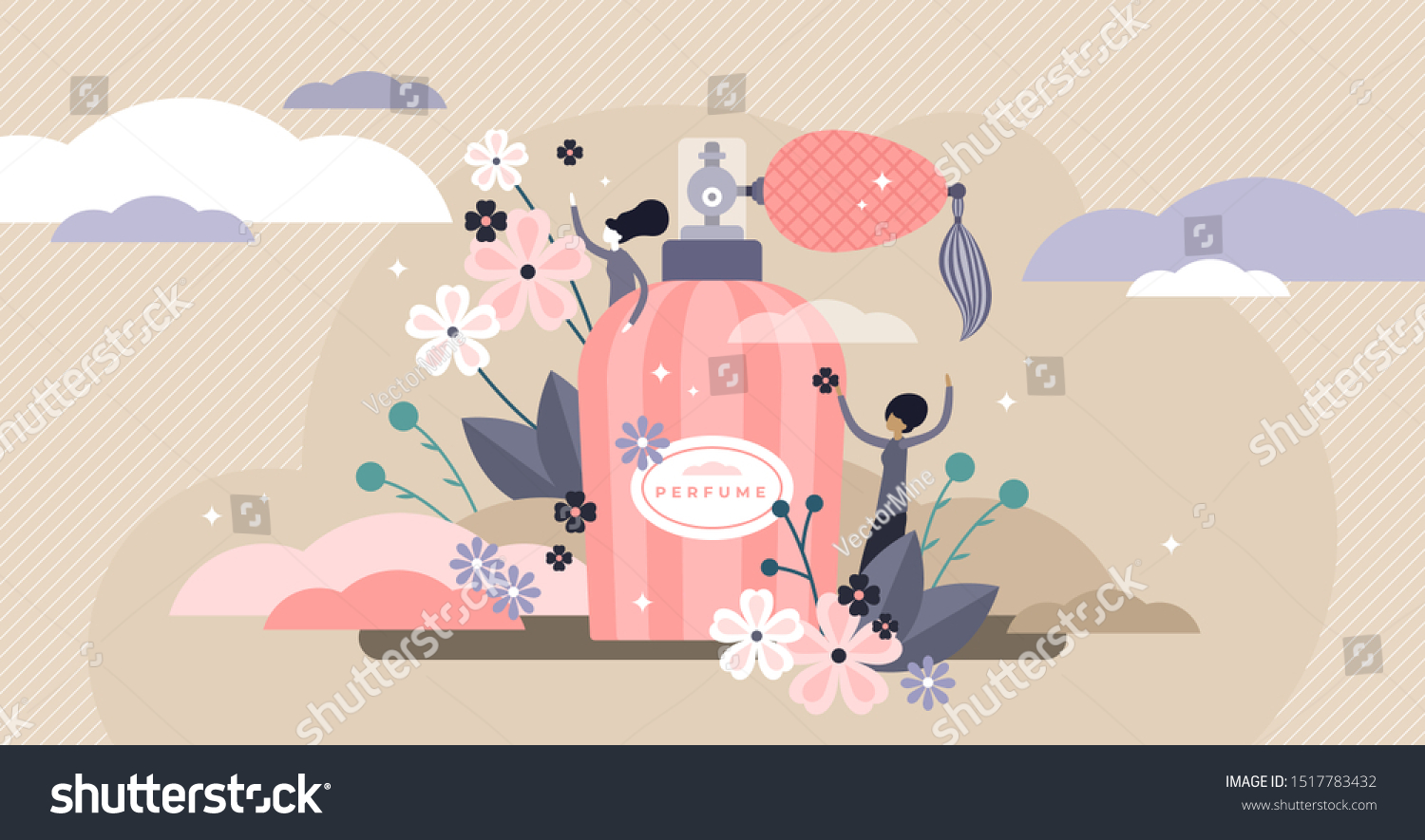 Perfume vector illustration. Flat tiny aroma spray product persons concept. Vintage bottle and hygiene fragrance for good body smell. Liquid female fresh flower cosmetics deodorant as elegant gift. #1517783432