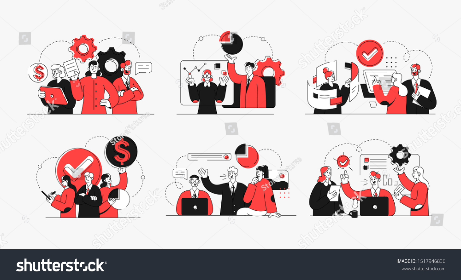 Collection of succesfull team illustrations . Bundle of men and women taking part in business meeting, negotiation, brainstorming, talking to each other. Teamwork concept outline vector illustrations. #1517946836