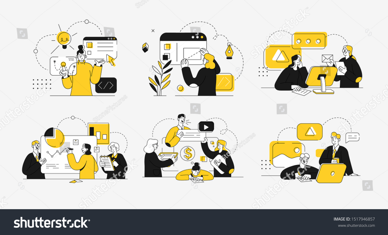 Business concept illustrations. Collection of scenes at office with men and women taking part in business activity. Outline vector illustration. #1517946857