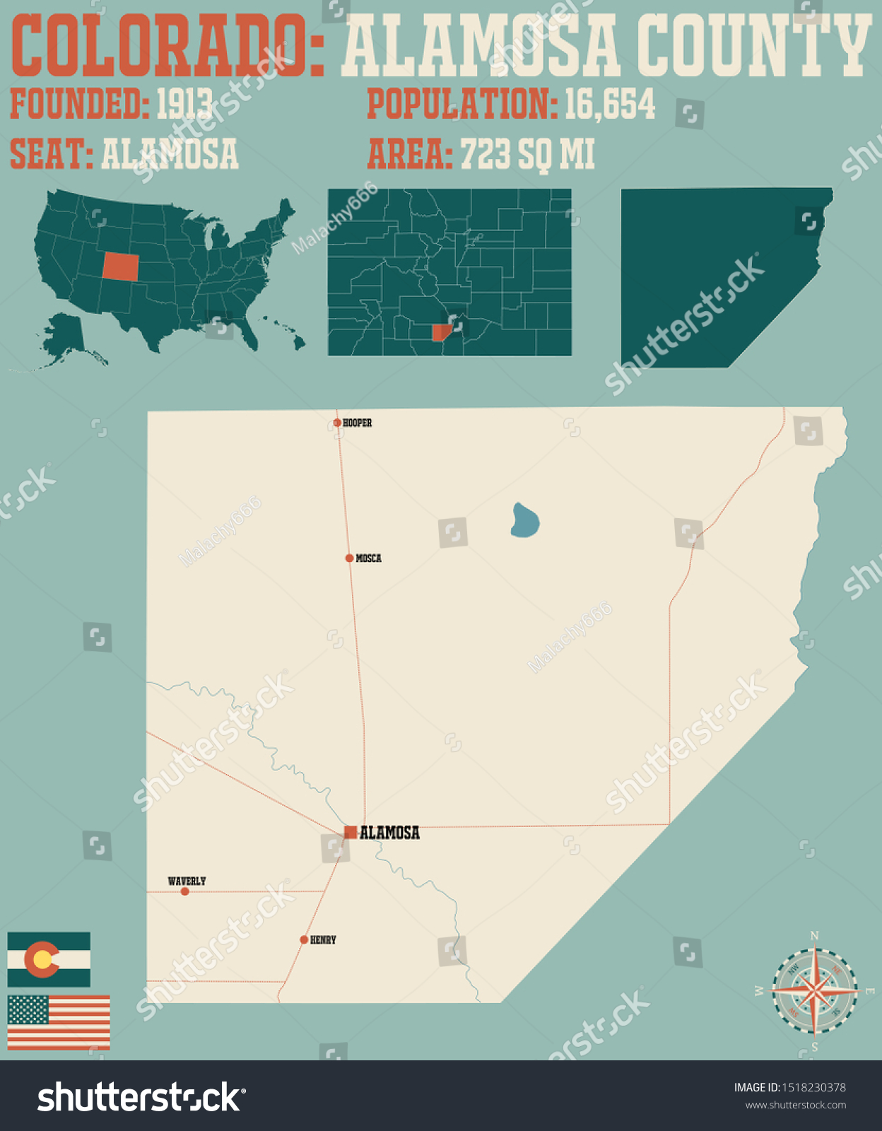 Large and detailed map of Alamosa county in - Royalty Free Stock Vector ...