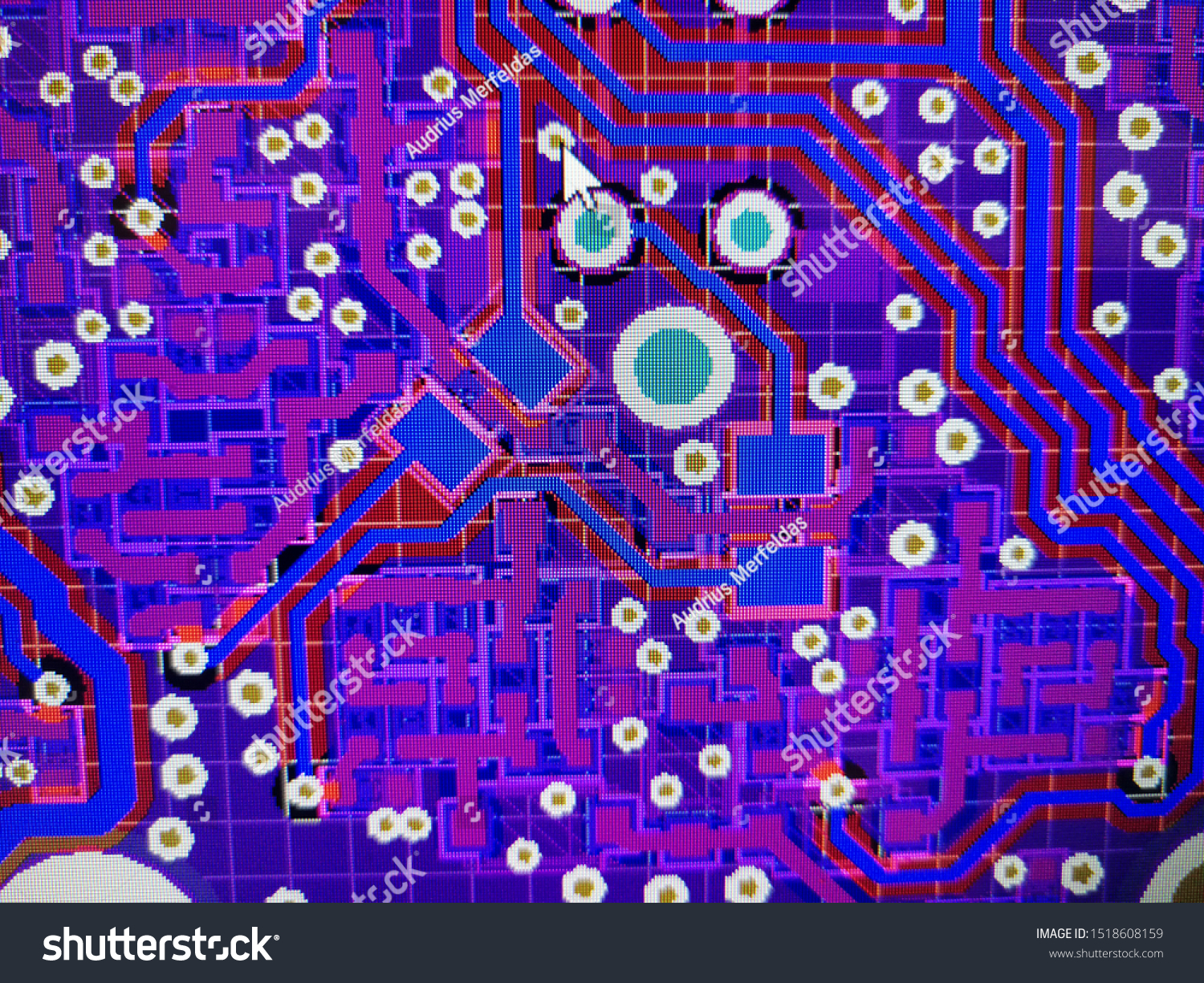 Close up computer screen view of PCB design layout routing process in specialised software #1518608159