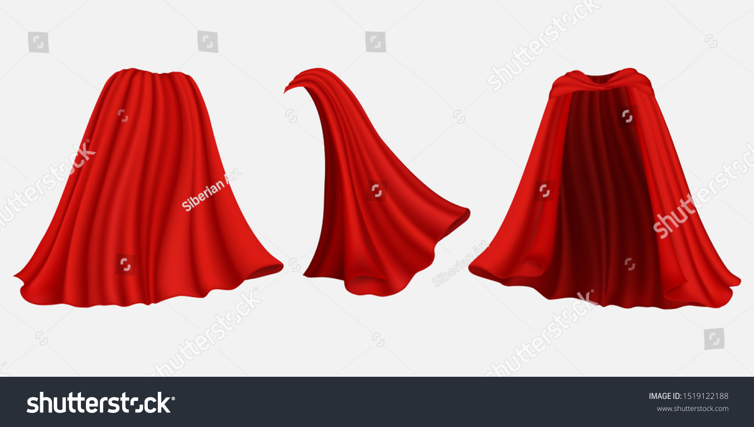 Superhero red silk cape, cloak, mantle, front back and side view, vector illustration isolated on white background. Carnival clothes, masquerade costume etc. #1519122188