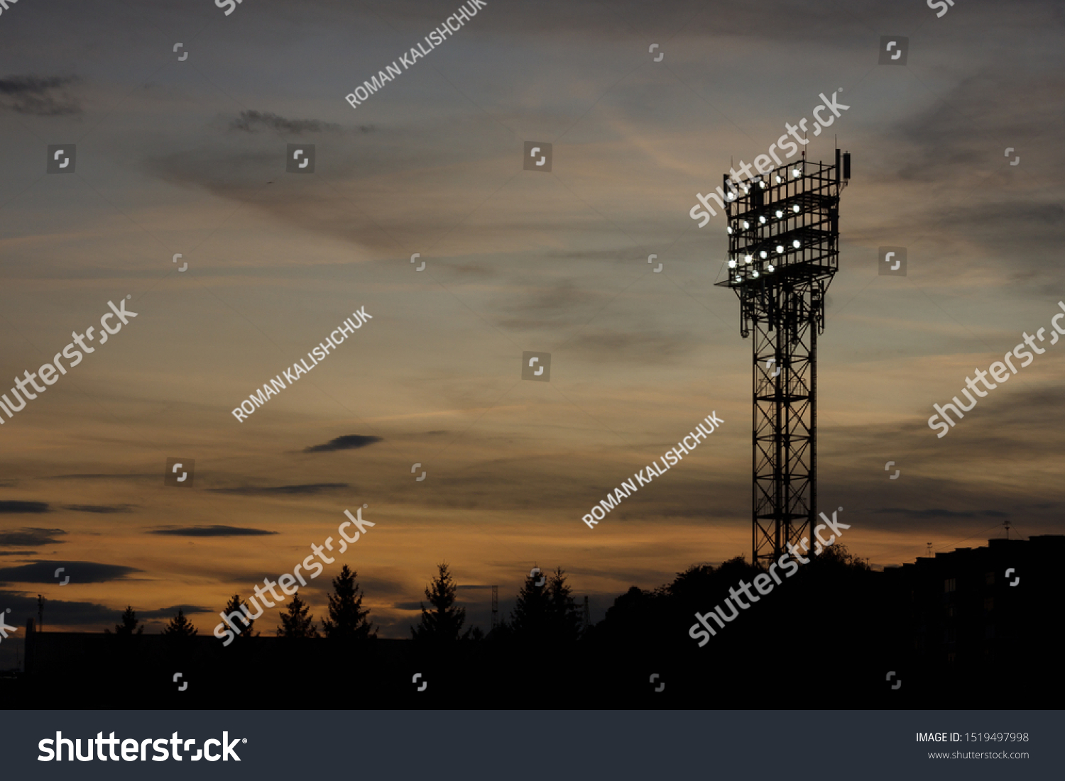 Stadium lights (spotlight) on background evening sky. Copy space. #1519497998