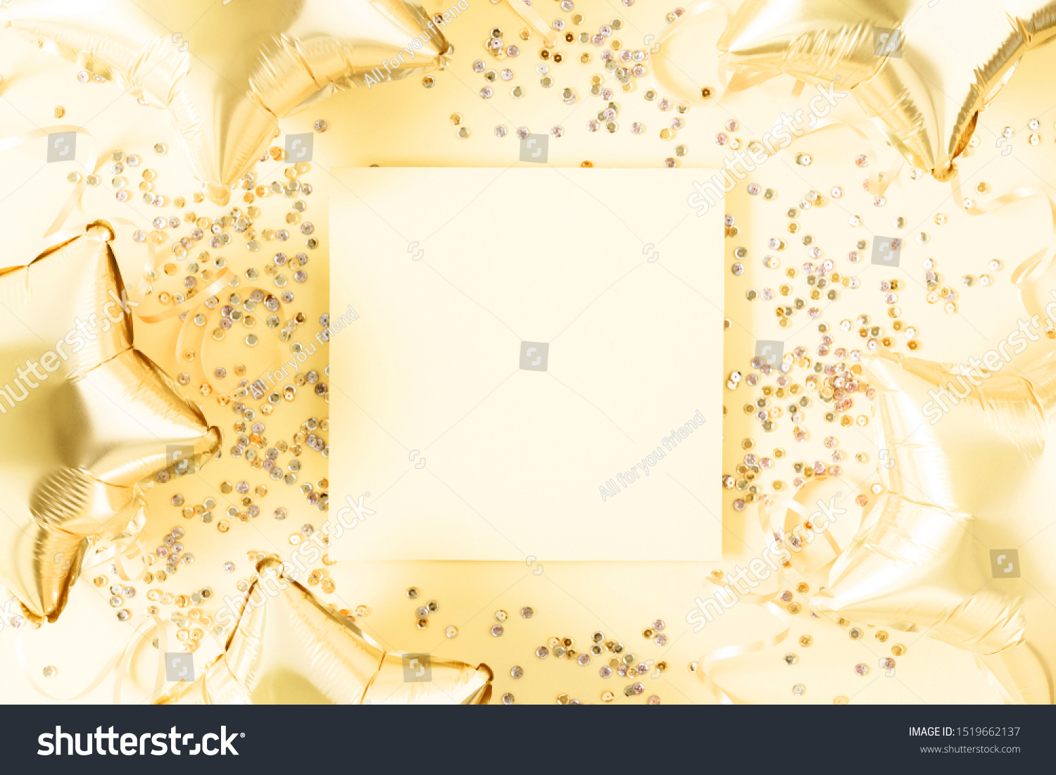 Festive gold Christmas composition. Empty paper blank, shining stars and shining balloons, confetti on gold background. Xmas. Wedding. Birthday. Flat lay, top view, copy space #1519662137